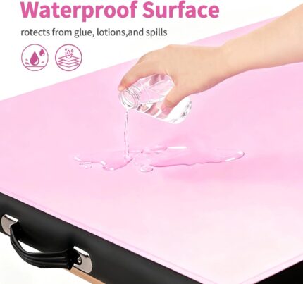 Pink rectangular ASTONFOG PU leather lash bed cover on a professional massage table, showcasing its smooth, waterproof surfac