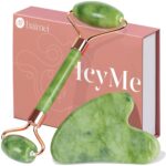 A BAIMEI IcyMe green jade roller and a matching green jade gua sha tool displayed together in elegant packaging.