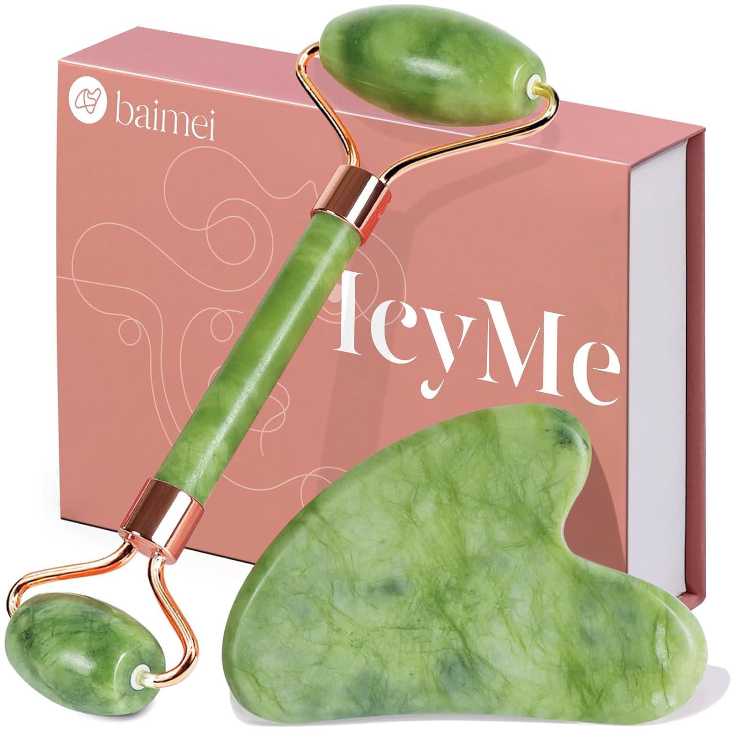 Version 1.0.0 A BAIMEI IcyMe green jade roller and a matching green jade gua sha tool displayed together in elegant packaging.