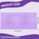 Stack of 100 Breling purple disposable bed sheets, unfolded on a massage table, showcasing their size and color.