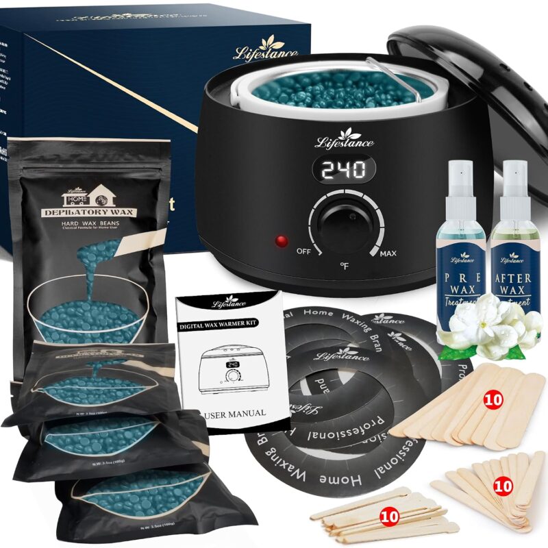 Lifestance L2 Digital Wax Pot Warmer Kit with jasmine hard wax beads and waxing accessories displayed.