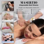 Roll of MASERTIO disposable massage bed covers with one sheet unrolled on a massage table, showing the soft, non-crinkle text