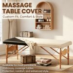 Off-white PU leather waterproof massage table cover with elastic edges, shown fitted on a massage bed.