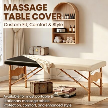 Off-white PU leather waterproof massage table cover with elastic edges, shown fitted on a massage bed.