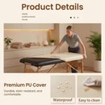 Off-white PU leather waterproof massage table cover with elastic edges, shown fitted on a massage bed.