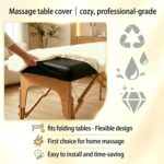 Off-white PU leather waterproof massage table cover with elastic edges, shown fitted on a massage bed.