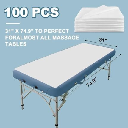 Stack of 100 white OUMETE disposable massage table sheets, unfolded to show their rectangular shape and texture.