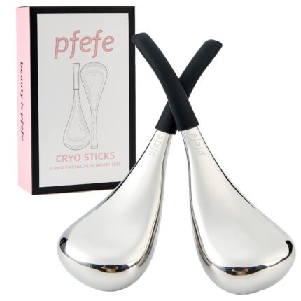 Two black pfefe cryo sticks with ergonomic handles, in a storage case, on a clean background.