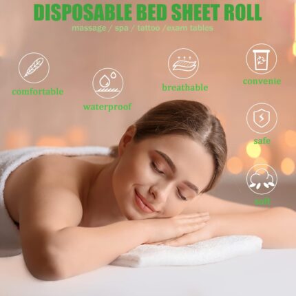 White roll of Platonee disposable non-woven massage table sheets, pre-perforated for 50 individual covers.