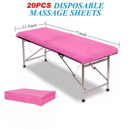 Stack of 20 pink disposable non-woven fabric massage table sheets, folded neatly.