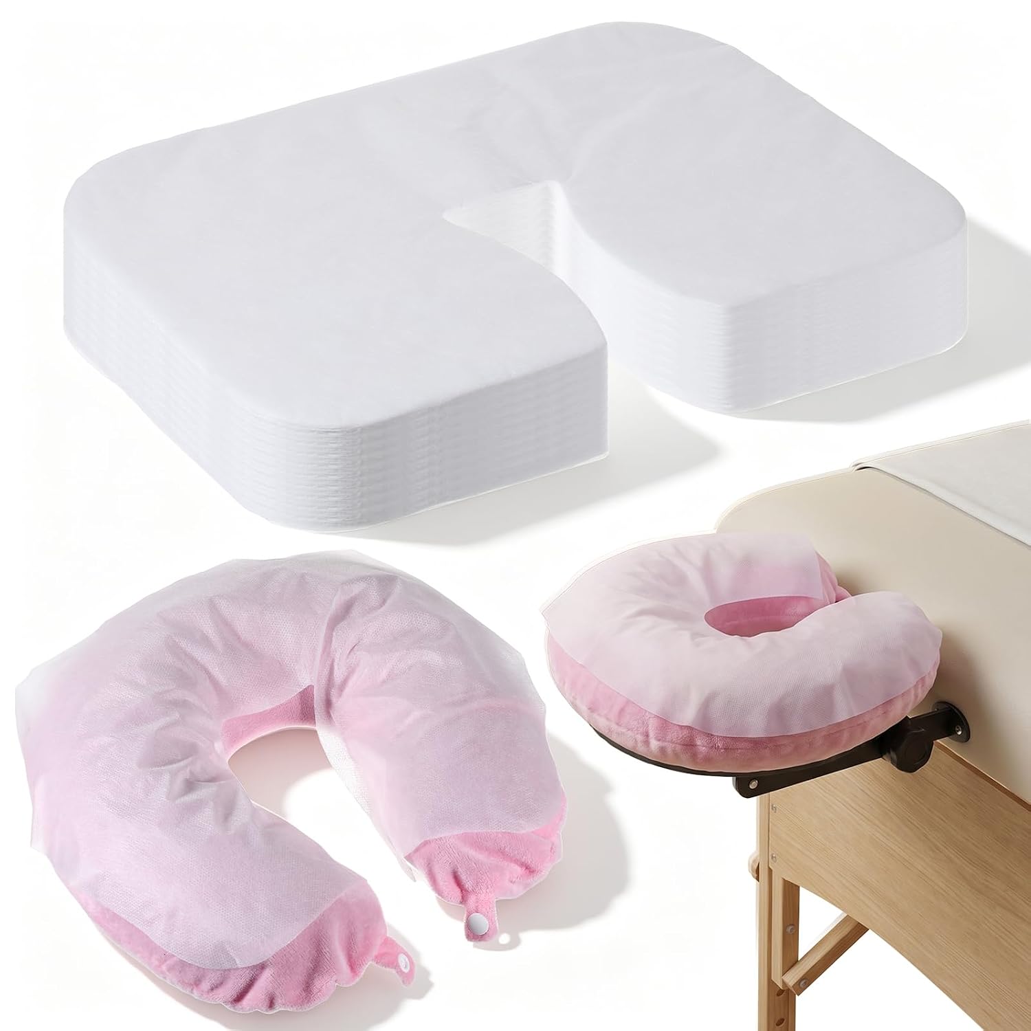 Stack of 100 Viliqiou disposable white face cradle covers for massage tables and chairs, shown unfolded and stacked.