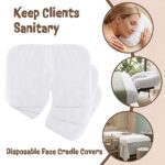 Stack of 100 Viliqiou disposable white face cradle covers for massage tables and chairs, shown unfolded and stacked.