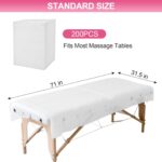 Stack of white disposable non-woven fabric massage table sheets, unfolded on a treatment bed.